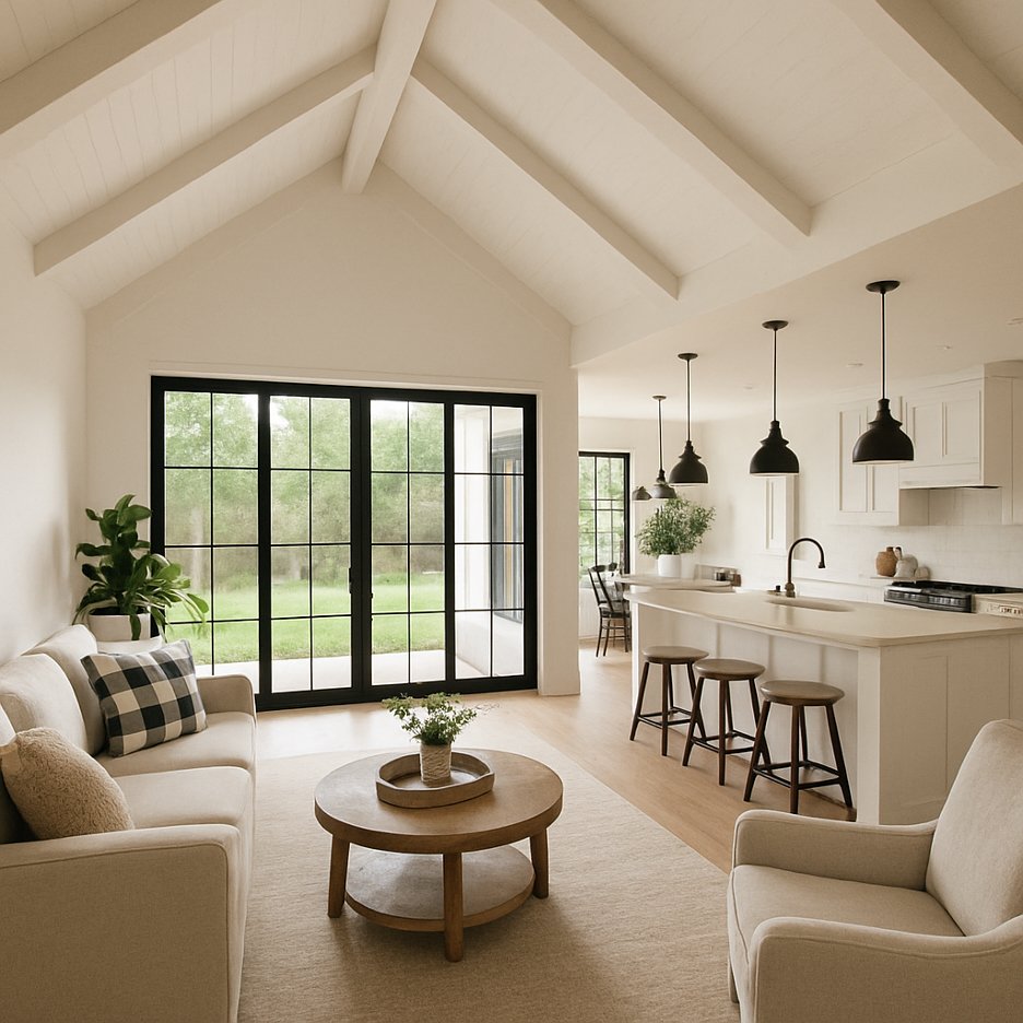 Picture of the interior of a farmhouse plan with kitchen and family room